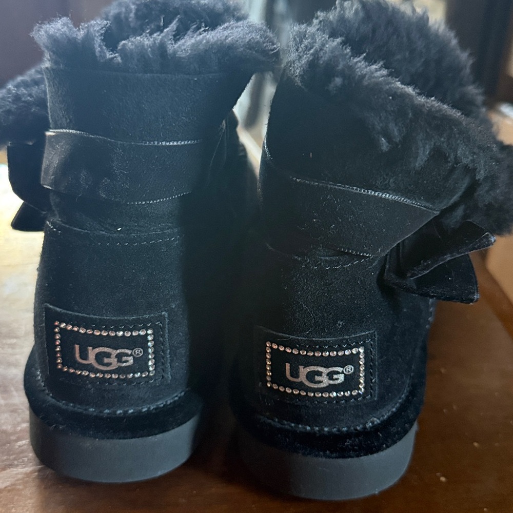 UGG Women’s Black Suede Short Boots with Crystal Logo Trim